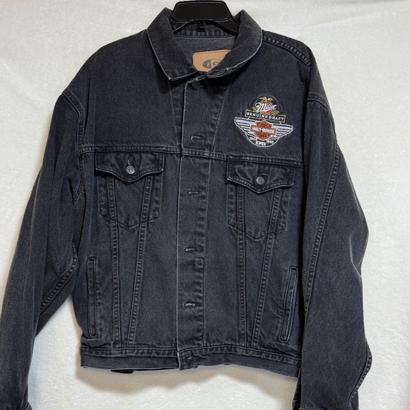 Harley Davidson Jean Jacket Men’s XL Miller Genuine Draft Pockets Denim Black - Picture 1 of 10